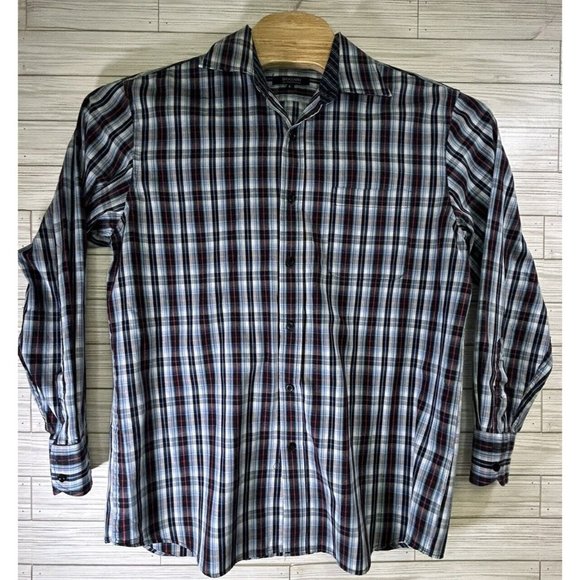 Bogari Men's Blue Black Red Plaid Designed in Italy Sz Lg Flip Cuff Long Sleeve - Picture 2 of 8